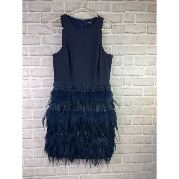 Gianni Bini Navy Ostrich Feather Fringe Cocktail Party Dress – Size 4 - Picture 2 of 9